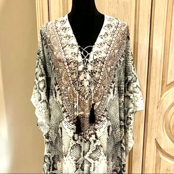 NWT La Moda Swim Cover-Up Caftan Snakeskin print Maxi Dress w/ Embellishments OS - Picture 8 of 8